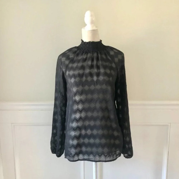 Mossimo Mock Neck Sheer Chevron Long Sleeve Black Blouse XS - Picture 2 of 6